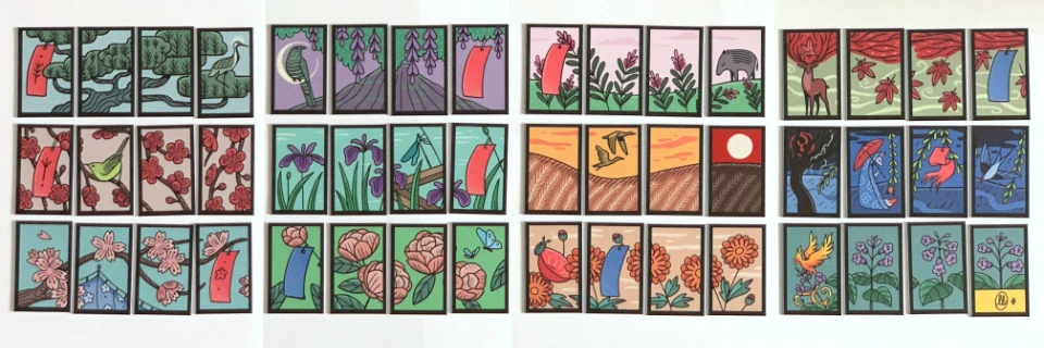 Cała talia 48 kart hanafudy z ilustracjami Luizy Kwiatkowskiej