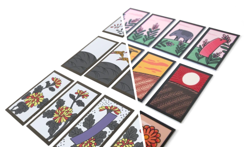 Podzielone na pół zdjęcie zestawiające klasyczne karty hanafuda z naszymi