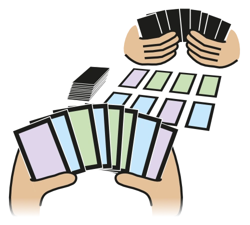 Gracze trzymają w ręku po 8 kart, tak że przeciwnik ich nie widzi. Na stole leży 8 odsłoniętych kart, a obok nich stosik zasłoniętych kart.