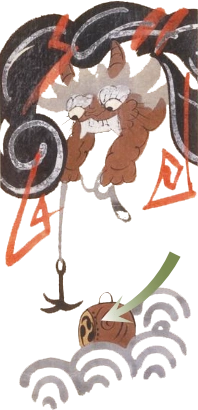 Rycina przedstawiająca Raijina sięgającego z chmur po swój bęben