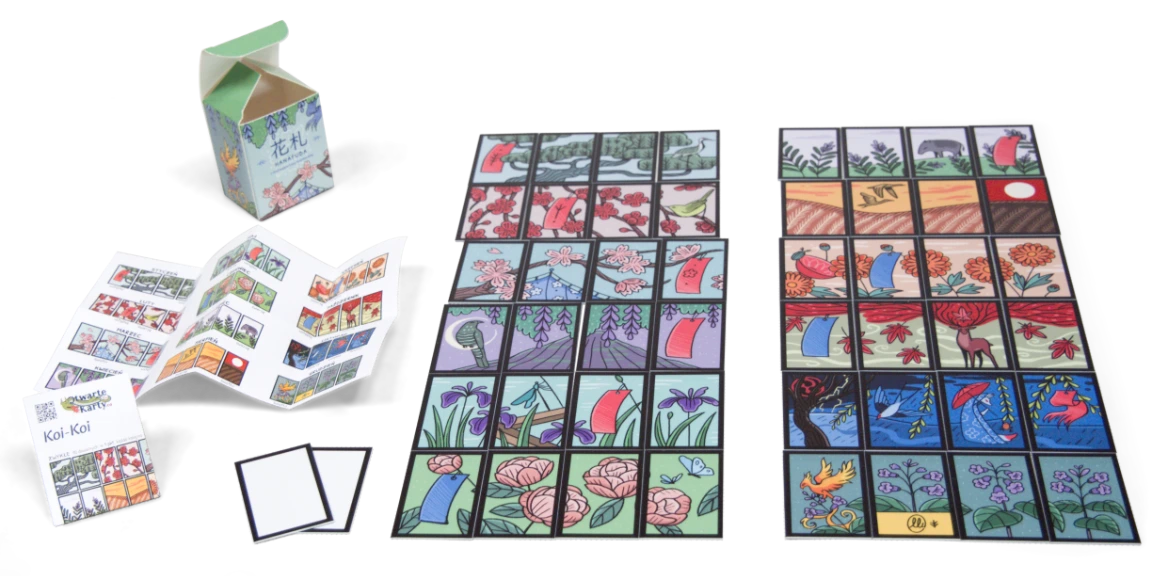 Wyłożona talia kart, instrukcje, otwarte pudełko